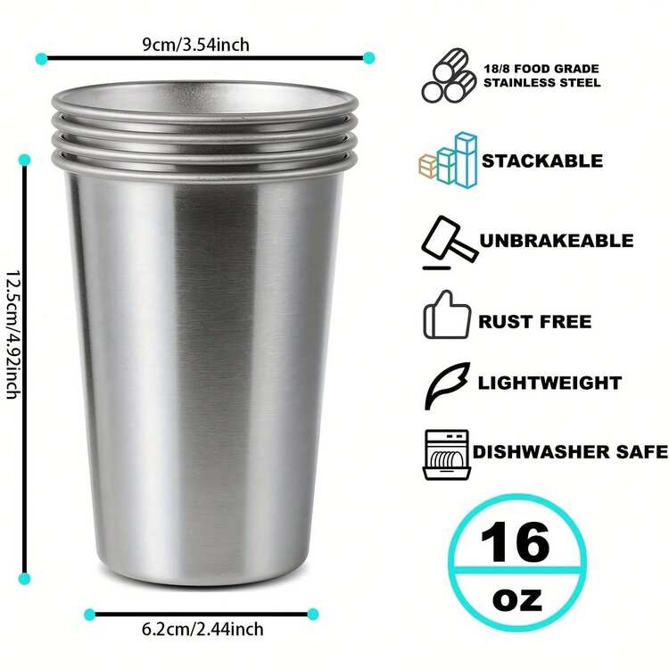 1/4 Pieces Of 16 Ounce Stainless Steel Pint Cups4PCS 16oz Stainless Steel Pint Cup, Healthy Unbreakable And Stackable, Metal Drinking Glasses, Durable, Reusable, Party, Outdoor, Hiking, Camping, Picnic, Stackable Cup For Beer Juice Soda, Summer Winter Drinkware, Home Decor, Room Decor ﻿ - Multicolor - View 2