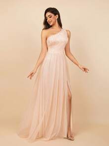 MOEVIO One-Shoulder Lace & Mesh A-Line Split Thigh Backless Long Formal Evening Party Dress, Chic Graduation Dress, Prom Dresses For Women, Wedding Guest Dresses Ladies, Birthday Women Outfits, Fall Modest Dresses For Women - Coral Pink - View 2