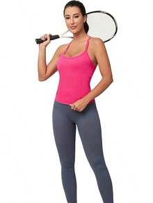 Workout Tops Women With Built In Bra, Sleeveless Gym Tops Seamless Racerback Athletic Yoga Shirts, Activewear - 野莓 - 查看 5