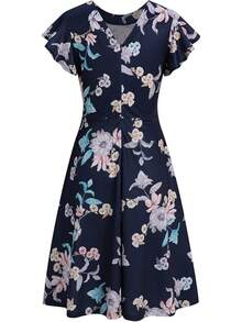 Women's Semi-Formal Ruffle Sleeve V-Back Work Fit And Flare Cocktail Knee Length Dress With Pockets, 2025 Style - 海軍粉 - 查看 4