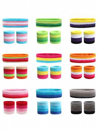 Set da 3 fasce per capelli e polso da sport - Fasce colorate per lo sport, set unisex di fasce da polso e fasce per la testa a righe, include 1 fascia per il polso e 2 fasce per la testa