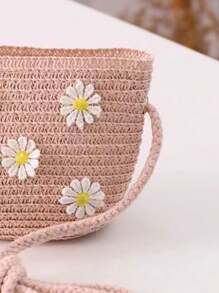1pc Kids Cute Straw Daisy Shoulder Crossbody Bag, Suitable For Daily Outings