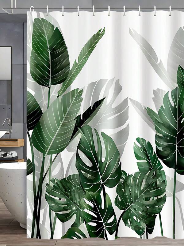 1pc Vibrant Green Leaf Shower Curtain - Waterproof, Woven Polyester Fabric, Easy Hand Wash, Leaf Pattern, Plant Theme, Grommet Accessory, Water-Resistant And Mildew-Free For Bathroom Decor Back To School