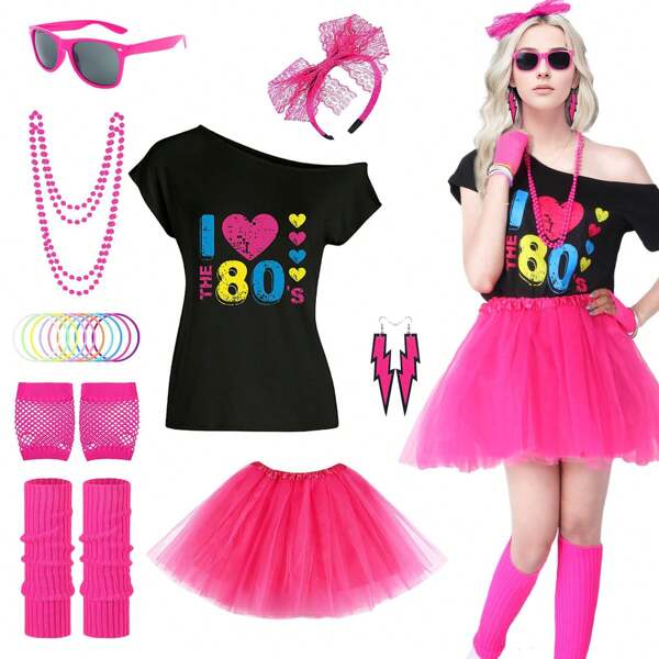 Ensemble d'accessoires de costume des années 80 pour femmes, tenue de soirée des années 1980 avec t-shirt, serre-tête, boucles d'oreilles éclair, collier, bracelet, manchette en maille. Tenue des années 80 pour une fête à thème rétro, déguisement