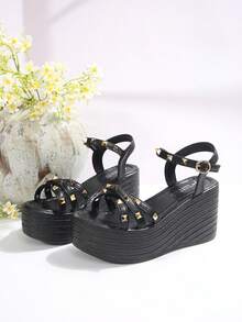 Giày sandal đế xuồng đính đinh tán thời trang nữ - Thiết kế đế cao, trang trí đinh tán kim loại, phong cách tối giản, hở mũi, mùa hè, phù hợp cho cả đi chơi và dự tiệc, chất liệu PU cao cấp, sandal gợi cảm phong cách Bohemian, phụ kiện du lịch thiết yếu - màu đen - Xem 8