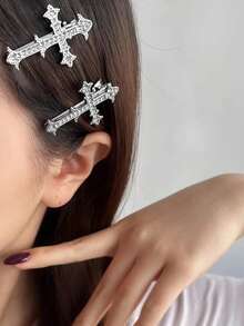 闪亮宫廷风别致水钻十字金属发夹，时尚侧刘海发夹，高品质万圣节及返校季发饰，头部饰品 - 銀色 - 查看 2