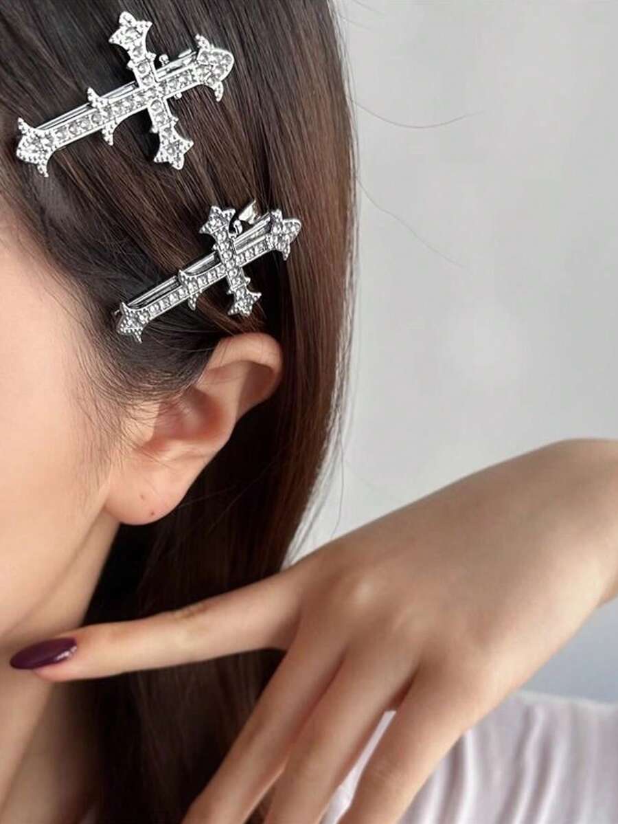 闪亮宫廷风别致水钻十字金属发夹，时尚侧刘海发夹，高品质万圣节及返校季发饰，头部饰品