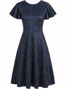 Vestido de cóctel de longitud hasta la rodilla con bolsillos, manga con volantes y escote en V en la espalda, estilo de trabajo ajustado y acampanado, para mujer, estilo 2025 - Lunares marinos - Ver 3