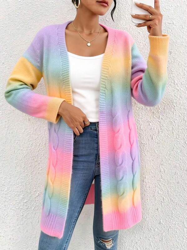 Cardigan de malha macia e aconchegante em cores arco-íris plus size para mulheres, suéter de mohair doce e suave para outono