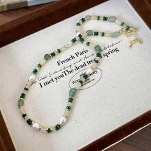 1pc Refreshing Peacock Green Stone & Pearl Beaded Necklace, Delicate Luxury Female Accessory Choker, Summer 2025 New Arrival