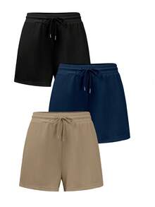 3pcs/Pack Solid Color Elastic Waist Tie Loose Fit Sports Shorts & Lounge Pants - Multicolor - View 6