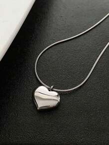 1pc Silver Plain Solid Heart Snake Bone Chain Stainless Steel Women Snake Bone Pendant Necklace, Minimalist & Fashionable
