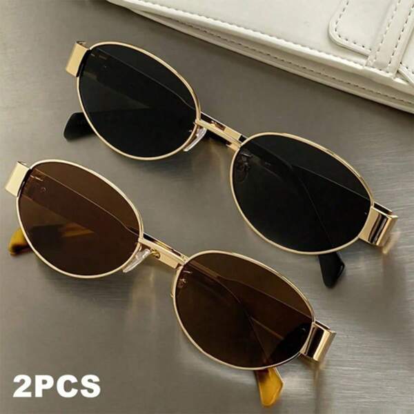 2pcs Oval Personalized Metal Frame Polarized Sunglasses, Retro Fashion Fashionable Sunglasses, Random Color Leg Covers
