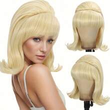 Peluca negra sintética resistente al calor de 14" para mujeres con flequillo plano y ondas rizadas, con gorro de red de rosa y accesorio de disfraz elegante para cosplay, vacaciones, festivales de música, estilo de peinado de 1940, cómodo ajuste del gorro, accesorios para pelucas