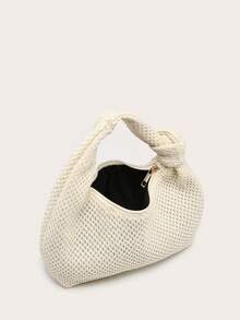 女士纯色新月形手提包，百搭时尚，配有打结单手柄，适合腋下携带和旅行。 - 米色 - 查看 4