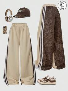 时尚休闲女童运动套装，采用阔腿豹纹拼接条纹运动裤，适合春、夏、秋季穿着。 - 杏色 - 查看 1