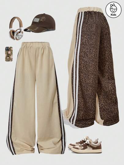 Abbigliamento sportivo di moda e casual per ragazze, con pantaloni della tuta a zampa larga con stampa leopardata e a righe, perfettamente adatti per l'uso in primavera, estate e autunno