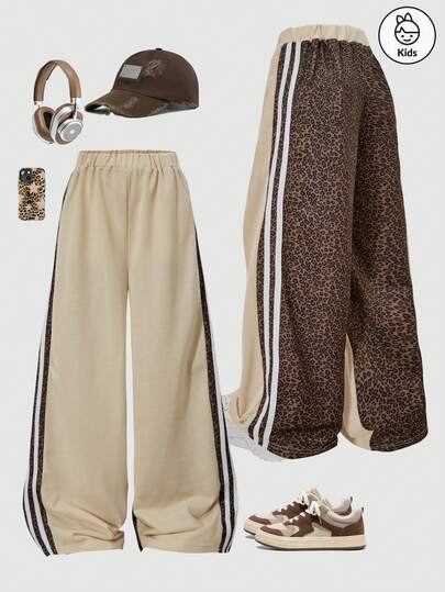 时尚休闲女童运动套装，采用阔腿豹纹拼接条纹运动裤，适合春、夏、秋季穿着。