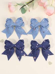 2/4 件蓝色牛仔蝴蝶结女童金色星星图案牛仔蝴蝶结发夹优雅蓝色发夹带尾巴夏季装发夹头饰儿童婴儿发饰