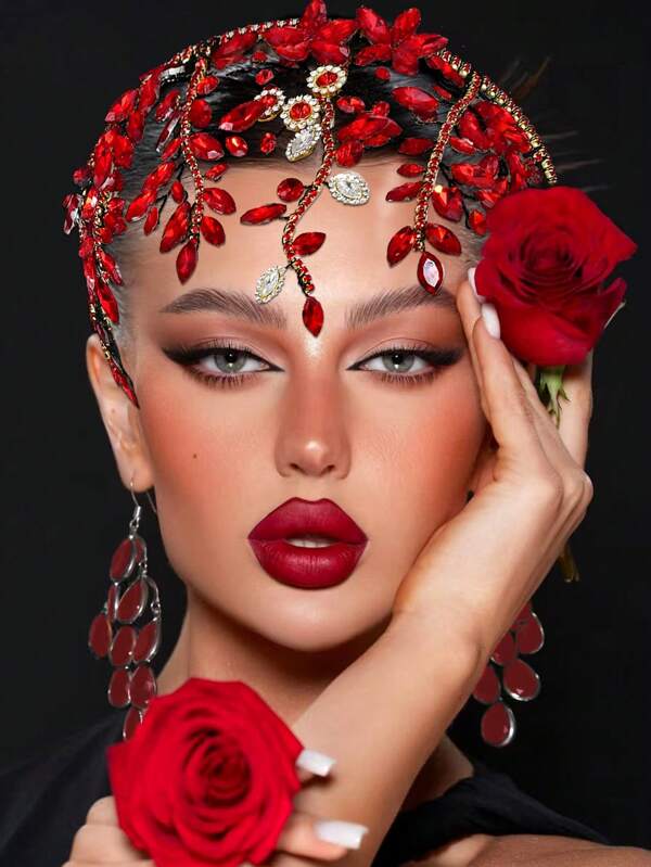 1pc Red Rhine Stone Headband, Elegant Rhinestone Flower Design, Suitable For Bride Wedding, Party, Birthday Decoration HP858-Red