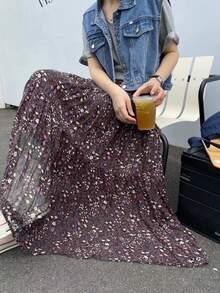 EARO 女式海军蓝碎花 A 字裙，高腰休闲宽松度假优雅设计拼布褶皱长裙，春秋 - 棕色 - 查看 4