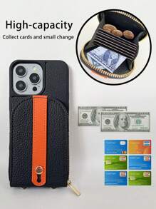 1pc Large Capacity Zipper Wallet Phone Case, Quilted Dual-Tone Half-Circle Leather Card Holder Phone Case With Detachable Shoulder Strap, Suitable For IPhone 16, 15, 14, 13, 12, 11 Pro Max, Women Holiday Travel Protective Cover With Stand Function