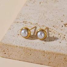 1 set Elegante collar de acero inoxidable con decoración de cuentas de plástico blanco y pendientes a juego de acero inoxidable, adecuado para uso diario o fiestas de mujeres, puede ser un regalo en días festivos