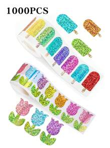 1000 piezas/500 piezas Rollo de pegatinas con flores láser de 4 estaciones para niños - 8 pegatinas autoadhesivas con formas de flores de colores, con patrones de paletas de hielo y rosas, de material PET, muy adecuadas para sobres, diarios, decoración de cumpleaños, bodas y fiestas, etiquetas adhesivas con diseños de dibujos animados láser, etiquetas decorativas para papelería de oficina, pegatinas de sellado