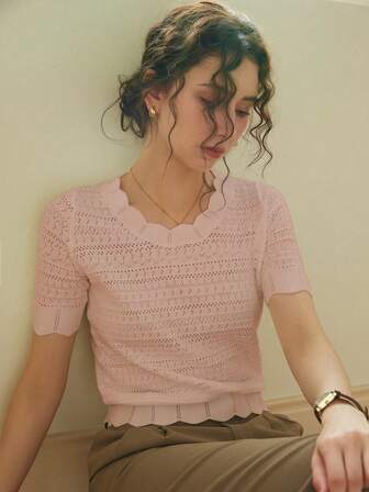 Knit Mix Camisa elegante para mujer, con distintivo cuello redondo con encaje calado y manga corta ajustada, adecuada para figuras pequeñas, de unicolor, apropiada para el trabajo y uso casual, top de primavera/verano, sutil color crema vintage, apta para volver al colegio en primavera/verano, también adecuada para ocasiones casuales como Navidad, Acción de Gracias y Año Nuevo.