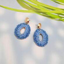 1 Pair Handmade Elliptical Hollow Boho Style Fashion Faux Crystal Earrings, Suitable For Women, Beach Holiday Or Daily Matching