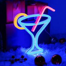 1 Stück Neon Cocktailglas dekoratives Licht, batterie- oder USB-betrieben, 23 x 21,5 cm, LED Dekoleuchte für Schlafzimmer, Wohnzimmer, Bar, Camping, Heiratsantrag, Geburtstag, Weihnachten, Muttertag, Halloween, Valentinstag & andere Anlässe