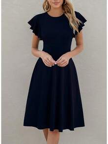 Women's Semi-Formal Ruffle Sleeve V-Back Work Fit And Flare Cocktail Knee Length Dress With Pockets, 2025 Style - 藏蓝色 - 查看 5