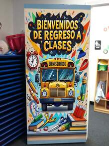 1 Stück Semesteranfang Thema Banner, hergestellt aus Polyesterstoff, mit gelbem Schulbus, Wecker, Schreibwaren, mit buntem Spritzlackenhintergrund und spanischem Text "BIENVENIDOS DE REGRESO A CLASES" (Willkommen Rücken in die Klasse), lebendiger kreativer Stil mit detailliertem, lebhaftem Design, geeignet für die Schuleröffnungszeit, Szenen des ersten Schultags, kann Klassenzimmertüren, Campusaktivitätsbereiche dekorieren, um eine herzliche Begrüßung zu vermitteln.