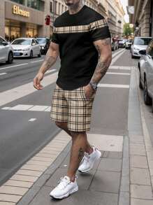 Men's Striped Print Crew Neck Short Sleeve T-Shirt & Shorts Set