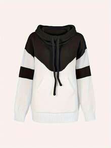 Fall/Winter Casual Patchwork Drawstring Pocket Hooded Collar Top For Women - Black - View 3