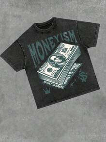 Men's Retro 230g Washed Cotton T-Shirt, Printing " MONEYISM" Mens Shirts ,Y2K CLOTHES ,Men Graphic Tees,Men Shirt,Sweatshirts,Shirt For Men - 黑色 - 查看 1