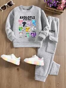 女童卡通印花圆领运动衫和运动裤套装 - 灰色 - 查看 11