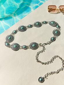 Tropiscape 1pc Women Bohemia Turquoise & Flower Decor Chain Belt For Dress Decoration Boho Vacay Vibes Vacation Relax Beach Autumn Winter Gifts - Silver - View 3