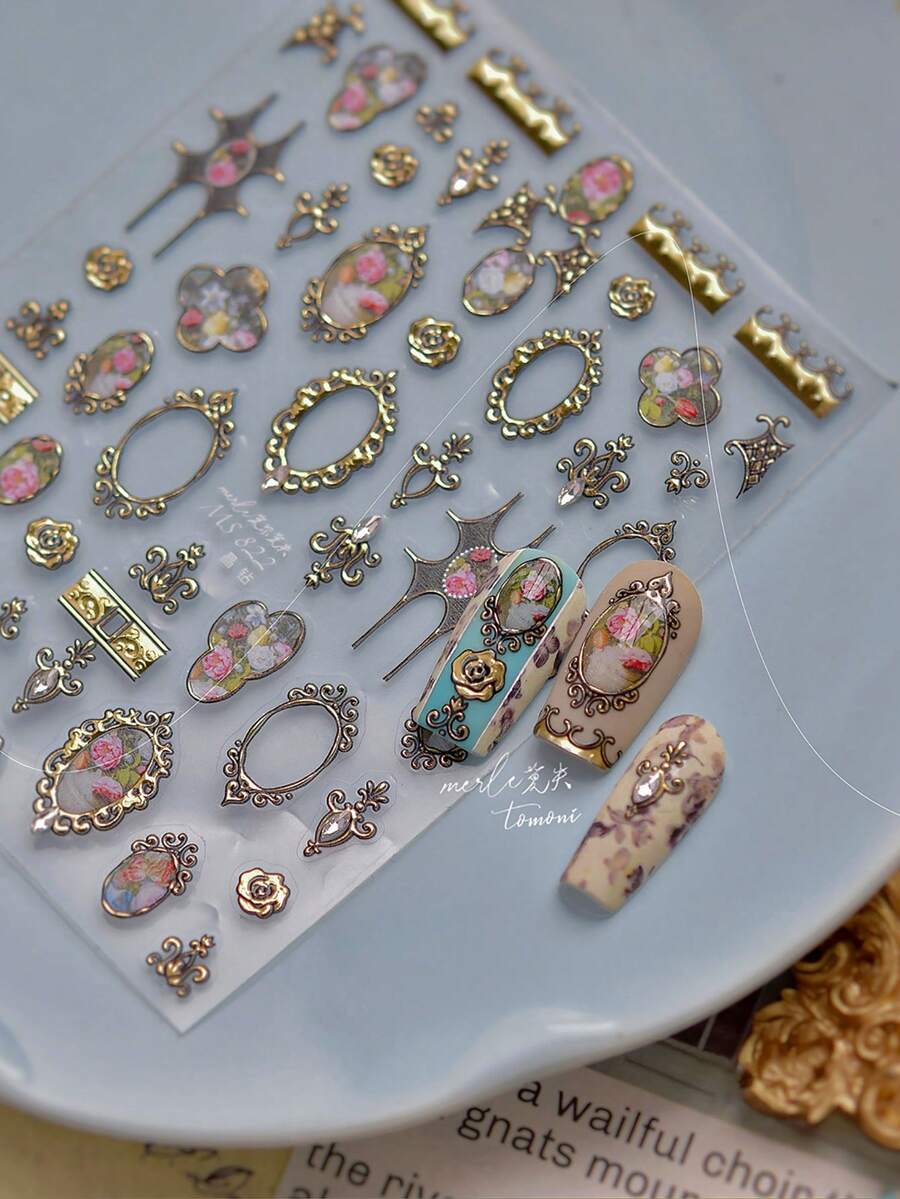 1 Sheet Metal Flower Frame Nail Art Stickers DIY Crystal Decoration Gothic Geometric Pattern Self Adhesive Slider Nail Charm Stickers - Multicolor - View 1