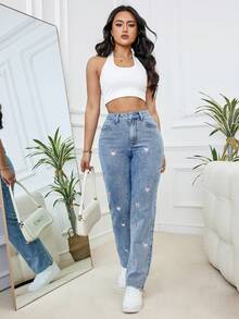 女士时尚休闲蓝色弹力大码牛仔裤，粉色爱心刺绣，柔软舒适，适合春夏秋冬 - 藍色 - 查看 6