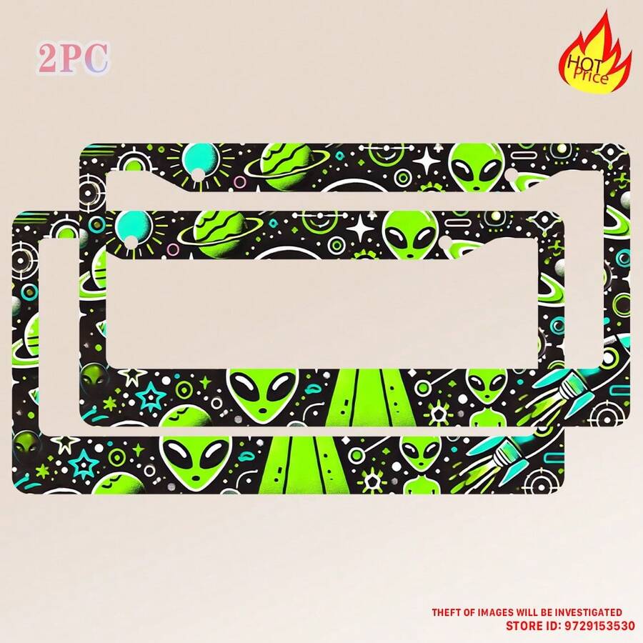 2PC Interesting Alien License Plate Frame Colorful Milky Way License Plate Funny Stainless Steel Accessory License Plate Personalise Decoration With Screws 12.3 X 6.3 Women Men - 12x6 inch - Xem 1