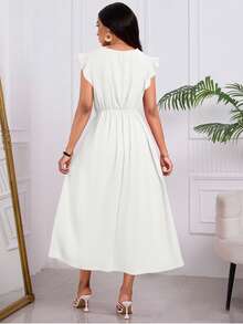 Elegante Vestido Largo Para Mujer Bordado Calado Con Mangas De Hojas De Loto,Vestido Unicolor De Empalme De Encaje Con Cuello En V Y Hueco De Talle Alto - Blanco - Ver 2