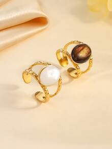 2 件不锈钢复古金戒指套装，镶嵌棕色和白色宝石，适合女性日常佩戴或送礼