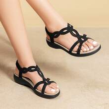 Women Flat Sandals Comfort Dressy Rhinestone Summer Sandals With Elastica Back Strap - 黑色 - 查看 7