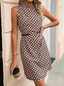 Geometric Pattern Sleeveless Casual Elegant Short Dress For Women, Office Wear (Belt Not Included)