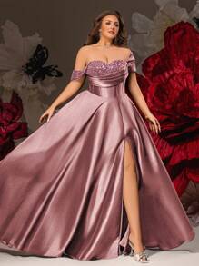 VIPGIRL Pink Sequin Satin One Shoulder Formal Dress For Women With High Slit, Elegant Plus Size Evening Gown, Long Prom Dress, Wedding Guest Dress, Luxury Party Dress, Glamorous Cocktail Dress, Dresses For Women Formal, Plus Size Gown