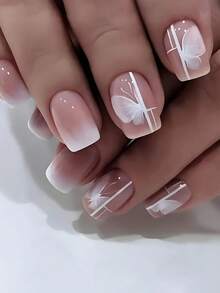 24 件方形渐变蝴蝶设计全覆盖假指甲套装，适合日常、派对和舞蹈活动，粘性指甲装饰按压指甲美甲用品指甲 - 粉色 - 查看 1