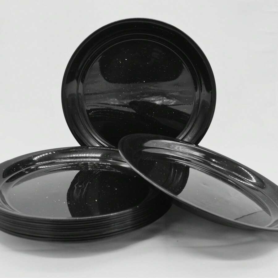 Juego de 12 platos de plástico tipo peltre, 26 cm, irrompibles, BPA free, aptos microondas; ideales para niños, bodas, fiestas, hogar y exterior. - Negro - Ver 1