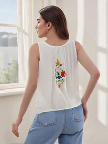 Flower Embroidery Tank Tops For Women Summer Causal Loose Scoop Neck Sleeveless Button Shirt - White - View 7