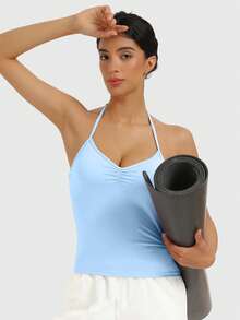 SUPEKYKO 女士可调节瑜伽上衣 - 交叉后背褶皱运动文胸，带可拆卸胸垫，适合运动和日常穿着 - 淺藍色 - 查看 6